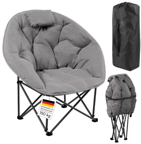 STEELSØN Hoggar XXL Moonchair, Grau, faltbar, dick gepolstert, bis 150 kg | Campingstuhl 55 cm breit, Outdoor Klappstuhl mit Kopfkissen & Tragetasche, Campingsessel, robuster Camping Chair, Faltstuhl