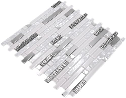 Mosaik Fliese Transluzent Edelstahl weiß Verbund Glasmosaik Crystal Stahl weiß Glas für WAND BAD WC DUSCHE KÜCHE FLIESENSPIEGEL THEKENVERKLEIDUNG BADEWANNENVERKLEIDUNG Mosaikmatte Mosaikplatte