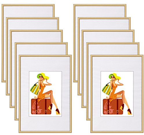 WOLTU Bilderrahmen 18x24 cm Set of 10 Fotorahmen aus Kunststoff mit Passepartout, Posterrahmen zum vertikalen oder horizontalen Aufhängen/Aufstellen, Collage Wanddeko, Gold