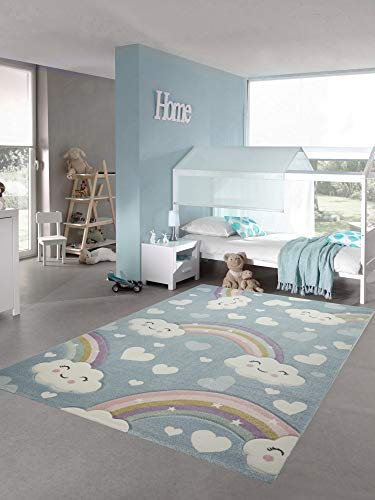 Teppich-Traum Kinderteppich Kinderzimmerteppich Regenbogen mit Wolken und Herzen in blau Größe 200 x 290 cm