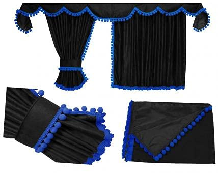 LKW Gardinen passgenau zu Actros MP5 MP4 in schwarz-blau, Pompoms/Kugel