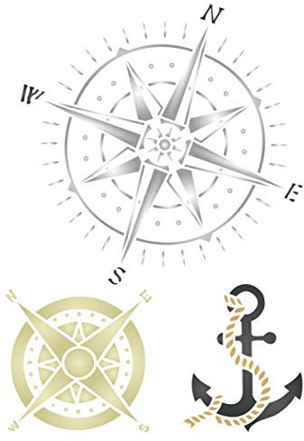 Schablone mit Kompass, 11,43 x 16,51 cm – Stencil Company Original nautische Schablone zum Hinzufügen von Textur, Design und Akzenten auf gemischten Media-Hintergründen
