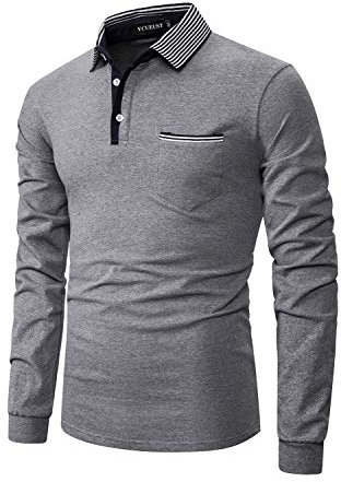 YCUEUST Men's Long Sleeve Polo Shirts Classic Stripe Casual Polo T-Shirts with Pocket Grey Large