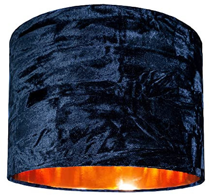Modern and On-Trend Midnight Blue Crushed Velvet Fabric 10 Table or Pendant Circular Drum Lampshade with Shiny Copper Inner - 60watt Maximum | Perfect for Residential or Commercial by Happy Homewares