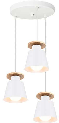 TOKIUS Pendelleuchte Vintage 3-flammig Hängelampe Holz Metall Lampenschirm Industrial Hängelleuchte Deckenlampe für Wohnzimmer Esszimmer (Weiß, Typ A)