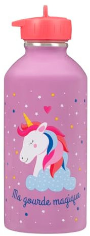 Gourde enfant Acier inoxydable DRAEGER PARIS - Facile à nettoyer - gourde réutilisable - Idéale pour parc, école - Contenance 300ml - 17 cm x 6,5 cm - Violet - Message inscrit : Ma Gourde Magique