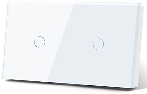 BSEED WIFI Interruptor de Pared Doble Blanco,Interruptor Inteligente 1 Gang 1 Via+1 Gang 1 Via,Compatible con Amazon Alexa y Google Home,Control de APP y Función de Temporizador【No cable neutro】
