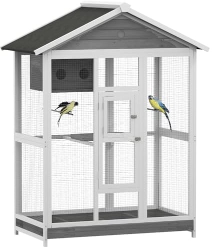 PawHut 64.5 Wooden Bird Cage Aviary, Flight Cage with 4 Perches, Nest and Slide-Out Tray for Indoor/Outdoor, Gray