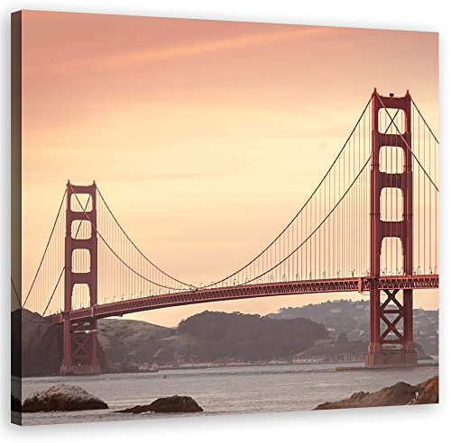 Feeby Vlies Leinwandbild Golden-Gate-Brücke Kalifornien San Francisco 50x50 cm Wanddeko Design Kunstdruck Zimmerdeko Bilderwand Golf Amerika Vereinigte Staaten Orange
