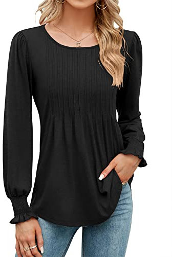 Rapbin Women Long Sleeve Tops Puff Pleated Tunic Shirt Loose T-Shirt O Neck Blouses Casual Pleated Longine Shirts for Ladies Black L
