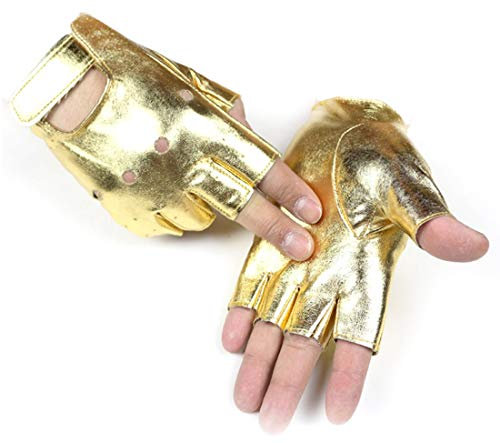 LAIFEKE Unisex PU Leder Handschuhe Tanz Hip-Hop Punk Fingerlose Handschuhe Halbe Finger Handschuhe (Gold)