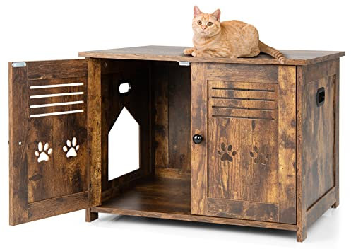 GYMAX Hidden Cat Litter Box Enclosure, Wooden Kitty Washroom Storage Cabinet with 2 Doors and Holes, Indoor Cat Houses End Table for Living Room & Hallway, Rustic Brown