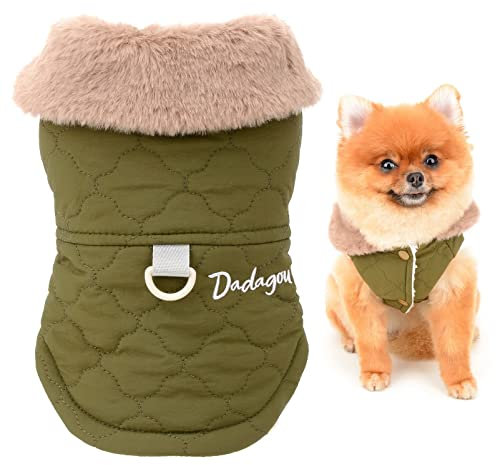 SMALLLEE_LUCKY_STORE Pet Furry Collar Quilted Jacket Winter Coat Vest with D-ring for Small Medium Dog Cat Sherpa Fleece Lined Puppy Chihuahua Yorkie Warm Cold Weather Clothes,Green,M