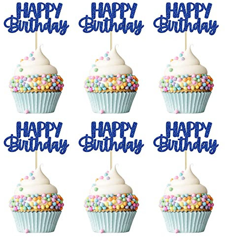 Gyufise 24Pcs Happy Birthday Cupcake Toppers Glitter Birthday Cupcake Food Picks for Celebrating Happy Birthday Theme Party Cake Decorations Supplies Deep Blue