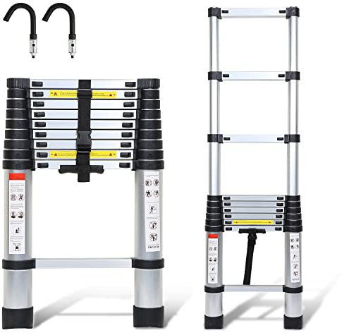 Tubiaz 2.6M Teleskopleiter 2 Abnehmbarem Haken,Rutschfester Mehrzweckleiter,Mehrstufiger Sicherheitsschalter Leiter,Aluminium Teleskop Ausziehleiter,Max Belastung 150 kg,Silber 2 Abnehmbarem Haken