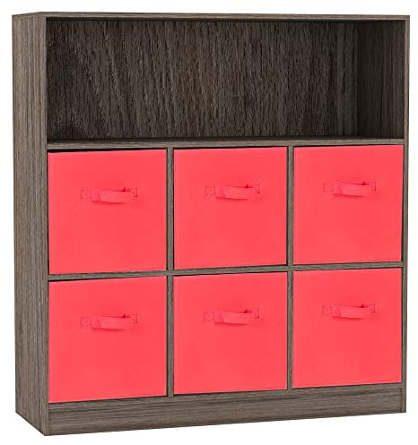 URBNLIVING Wooden Wide 7 Cubed Cupboard Bookcase Storage Units Shelves 6 Drawers Baskets (Red Drawer, Anthracite Oak Bookcase)