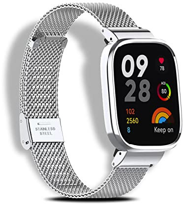 LanQii Armband Kompatibel mit Xiaomi Redmi Watch 3, Gewebte Edelstahl Uhrenarmband Mesh Metall Handgelenk Verstellbarer Ersatzarmband Damen Herren für Xiaomi Redmi Watch 3 -Silber