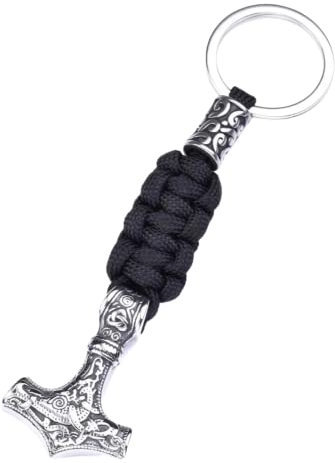 Fancychain Portachiavi con martello di Thor vichingo con fascia intrecciata Odin Loki Drago Sole Mjölnir Flash Dio guerra combattente auto nordica simbolo di forza, argento, S