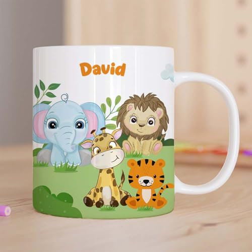 Transparent Gift Taza Personalizada con Nombre Infantil Animales Jungla. Regalos Originales para Niños y Niñas. Tazas Infantiles de Plástico. Regalos para la Vuelta al Cole. Tazas Desayuno y Merienda