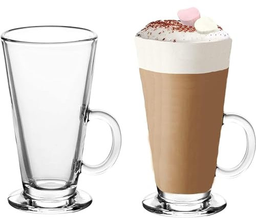 ARUUJ Set of 2 Large Tall Lattee Glasses 270ml Mugs - Cappuccino Coffee Hot Chocolate Drinks Cups - Entertain Glasses for Iced Coffee, Latte, Irish Coffee - Tea Espresso Clear Glasses with Handle Mugs