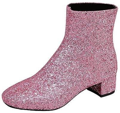 Stivali corti da donna, alla moda, stile britannico, tinta unita, con paillettes, tacco spesso, cerniera laterale, con supporto per arco plantare, rosa, 37.5 EU