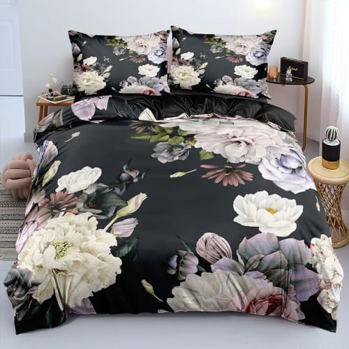 DXHOME Bettwäsche Floral 135x200 4teilig Weiß Beige Bunt Schwarz Vintage Blumenmuster Wendebettwäsche Atmungsaktiv Weiche Mikrofaser Bettbezüge mit Reißverschluss und 2 Kissenbezügen 80×80 cm