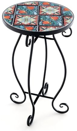 SFAREST Outdoor Side Table, Mosaic Round Coffee Table with Ceramic Tile Tabletop, Small Plant Stand for Balcony, Patio, Garden, Living Room (Vintage Red + Lake Blue)