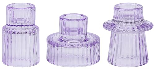 HofferRuffer Candle Holders Set of 3,Glass Votive Tealight Holders for Taper/Pillar/Tealight Candles,Candlesticks for Table Centerpiece, Wedding,Birthday,Gifts（Purple）
