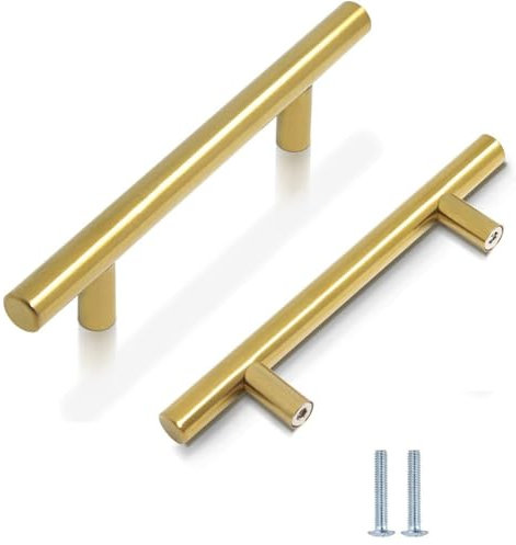 5 Pack Kitchen Cupboard Handles Stainless Steel Kitchen Door Handles Brushed Cabinet Handles Wardrobe Drawer (5 Pack Gold, Hole Centre 96mm)