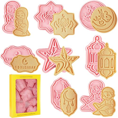 Seasboes Lot de 8 emporte-pièces Eid Mubarak - En silicone - Outils de cuisson pour gâteaux - Pour le Ramadan - Musulmans - Pour le bricolage et la décoration de gâteaux