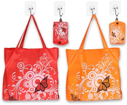 WJIASI (Orange + Red 2 Packs Large Reusable Foldable Ladies Shopping Bag Eco Tote Handbag Fold Away Shopper Bag,Floral Washable Heavy Duty Shopping Bags Grocery Shopping Cloth Bags(17.5 x17.5'')