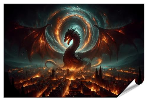 islandburner Poster Drache speit Feuer über der Stadt Fantasy Feuerdrache Premium Bild Bilder Fotodruck