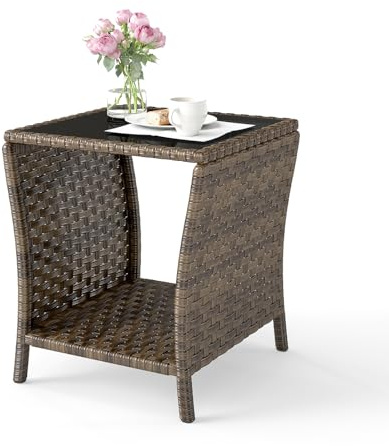 Elepude Beistelltisch aus Korbgeflecht, Rattan-Beistelltische, Beistelltisch für Terrasse, mit Glasplatte, Rattan-Aufbewahrung für Terrasse, Garten, Balkon