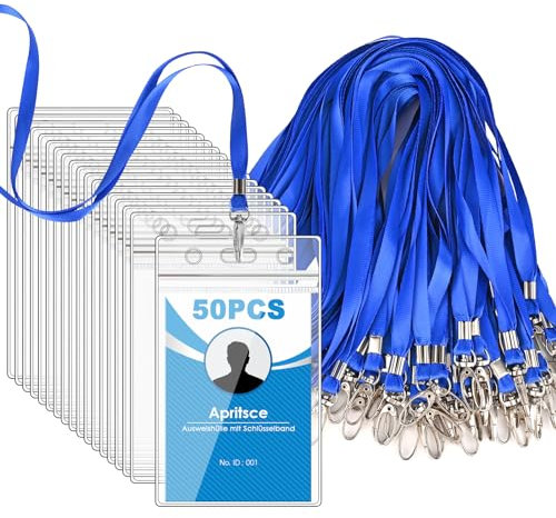 Porta Badge Trasparente, Apritsce 50 PCS Porta Badge Con Cordini, Impermeabili Badge Holder Porta Cartellino Lavoro, Per Scuola, Festival, Evento(Blu, Verticali)