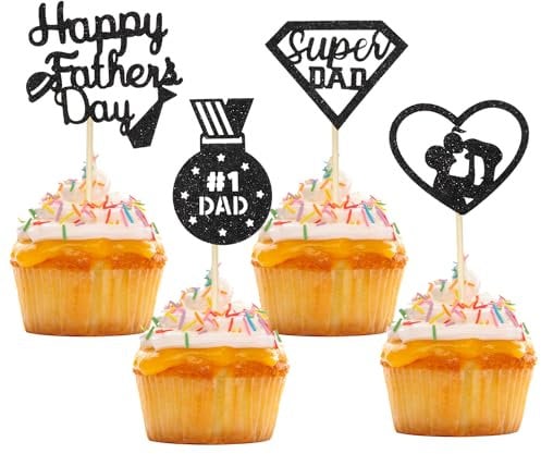 Happy Father's Day Cupcake Toppers 12Pcs Glitter Best Dad Cake Toppers Fathers Day Cake Decoration Mustache Tie Dad Paper Cupcake Picks for Father's Day Theme Party Supplies A7HSFQCP