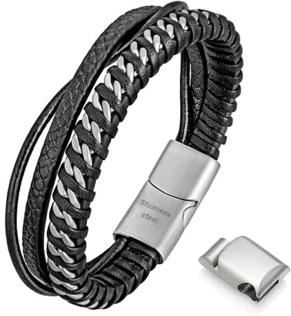 Speroto Lederarmband für Herren - Edelstahl Armband für Männer - Schwarz, Silber, 22 cm