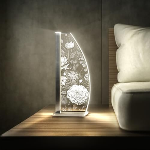 Luverre Tischlampe | LED-Leuchte | Glas-Leuchte mit Gravur für Nachttisch, Kommode, Wohnzimmer | Blume, Pflanze, Gräser (Vintage Flowers, Segel | silber)