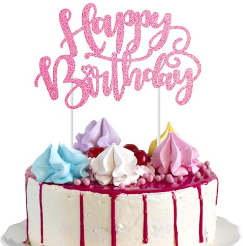 Happy Birthday Cake Topper and Decorations - Pink Glitter Sign for Birthday and Anniversary Party Supplies