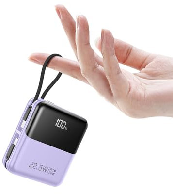 Kelaien Kleines tragbares Ladegerät mit eingebautem Kabel, 10.000 mAh Smart-LED-Display, Mini-Powerbank, USB-C-Eingang/Ausgang, Schnellladegerät, Handy-Akku, für iPhone 15/14/13/Samsung/Android/Tablet