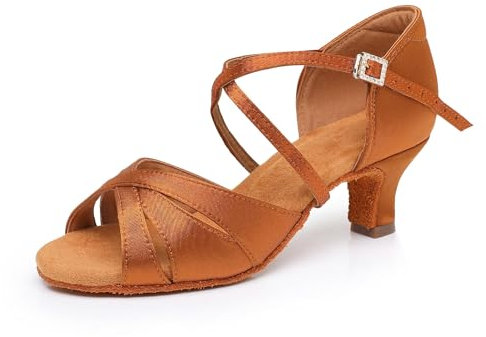 Rosefinch Scarpe da Ballo Latino per Donne Suola Morbida Strass Fibbia Salsa Tango Ballroom Professionale Scarpe da Ballo Pratica Tacco 5cm, Marrone 40EU