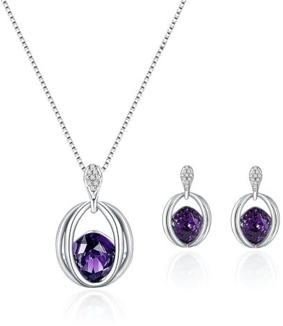 FDEETY Schmuck Schmuckset Damen Kristall Anhänger Halskette und Ohrring Set Brautschmuck Hochzeit Set Hochzeitsschmuck Violett