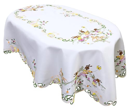 Simhomsen Bestickte Osterhasen-Tischdecke mit Schmetterlings-Design, oval, 147 x 224 cm