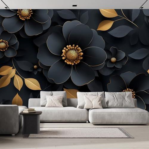 Fototapete 3D Effekt 350×256cm Seidenstoff für Wohnzimmer Schlafzimmer Wanddekoration， Schwarze Blütenblätter Fototapeten Wandtapete Abstrakte Blätter wandbild Fototapete