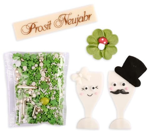 Kaffeehaus Diamant Silvester-Set – 4 liebevoll gestaltete Zuckerfiguren & 25g Streudekor – Deko für Kuchen, Muffins & Desserts – Glücksbringer für Neujahr, Silvesterpartys & kreative DIY-Dessertideen