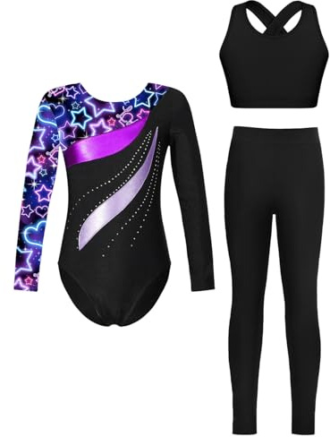Loodgao Mädchen Langarm Turnanzug Streifen Gymnastikanzug mit Crop Top und Lange Hose Sport Leggings 3 Teillig Tanzbekleidung