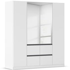 Rauch Möbel Bristol, Drehtürenschrank, Kleiderschrank, Schrank, Garderobe, 4-türig, 2 Spiegeltüren, 4 Schubladen, Farbe Weiß, Griffprofil Grau metallic, Push-to-Open, 181x197x54cm
