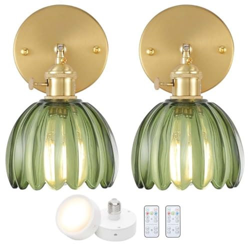 AoLa 2 Pieces Vintage Wall Light Dimmable with Remote Control Wall Lamp Adjustable Indoor E27 Retro Gold Metal Bedside Lamp with Green Glass Lampshade for Bedroom Living Room Staircase Hallway