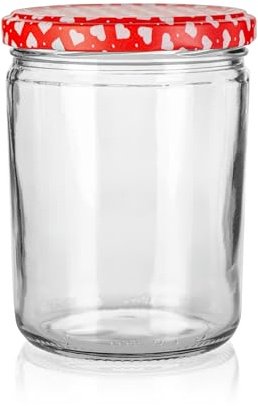 Sturzgläser mit Schraubdeckel | Füllmenge 440 ml | Gläser mit Deckel | Schraub - Deckel Twist Off 82 | Marmeladengläser, Einmachgläser, Einkochgläser, Einmachglas 435 ml (Rot - weiß Herz, 12 Stück)