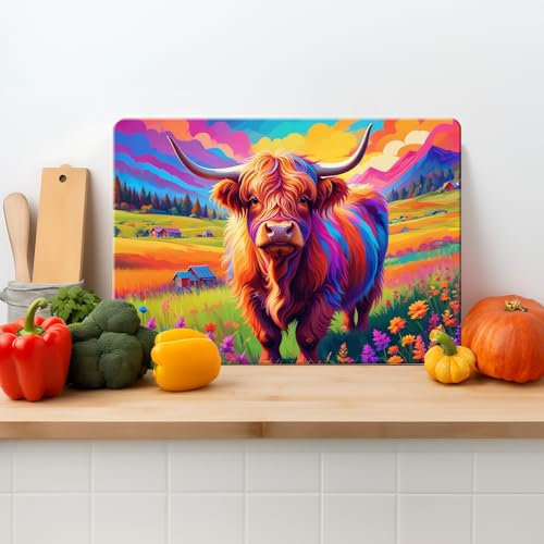 Textured Glass Chopping Board Worktop Saver for Kitchens, Durable, Easy-Clean, Scratch Resistant, Hygienic Glass, Non Slip Feet, Abstract Highland Cow, Available in Two Sizes (S)