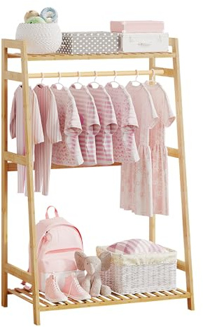 BAMBOOHOMIE Kids Clothing Rack with Shelves, Bamboo Clothes Garment Rack for Kid Child Baby, Kids Dress Up Storage Rack with Top Shelf, Toddlers Wardrobe Closet for Nursery (Small Size)